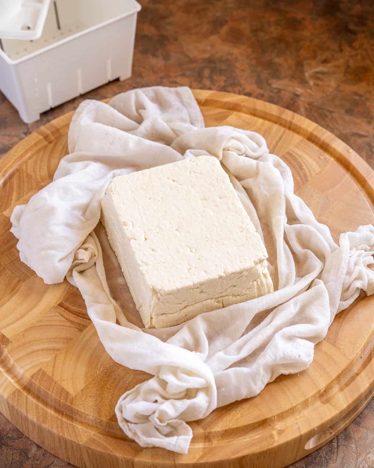 A block of homemade tofu, just removed from the tofu mold