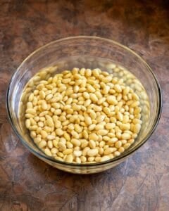 Bowl of soybeans after soaking