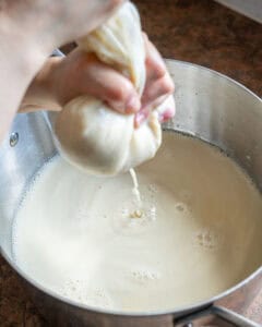 Wringing the nut milk bag to separate the soy milk from the pulp
