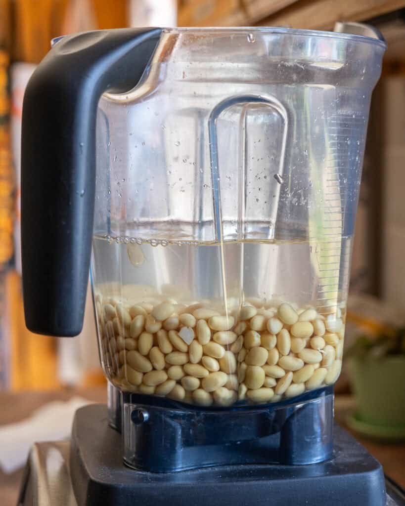 Soaked soybeans in blender with water