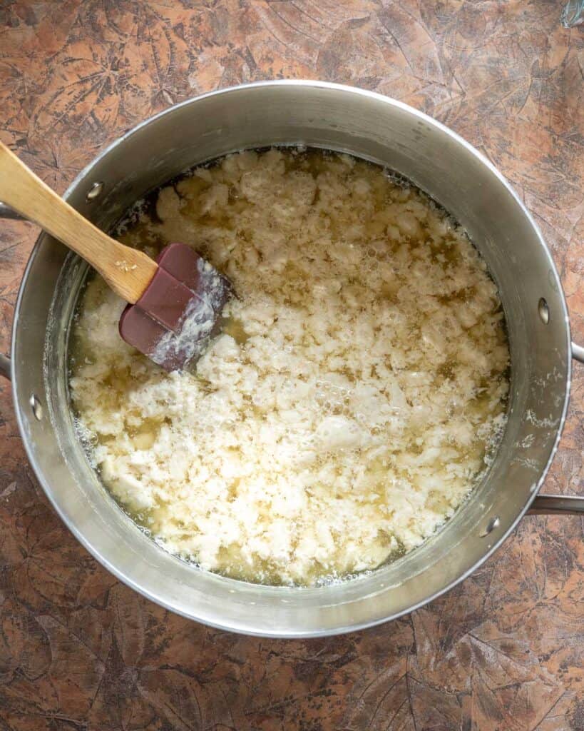 Curdled soy milk ready to transfer to mold