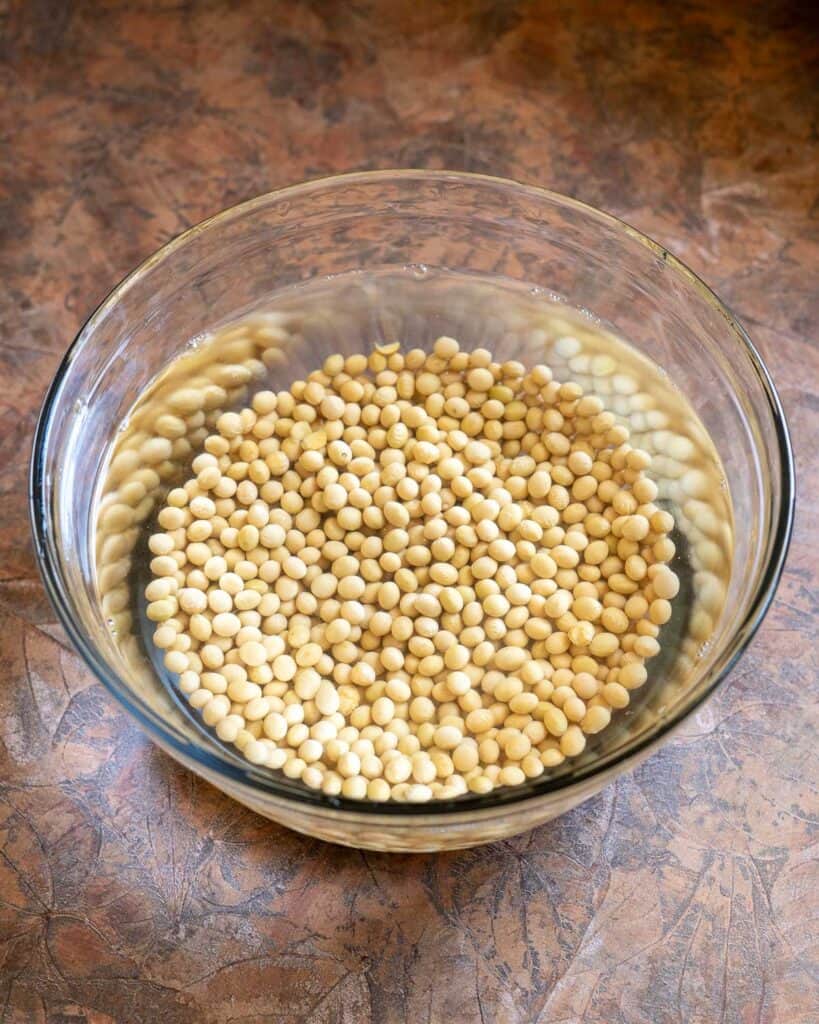 Dry soybeans in a bowl to soak overnight