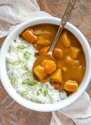 Overhead shot of a bowl of vegan Japanese curry and white rice