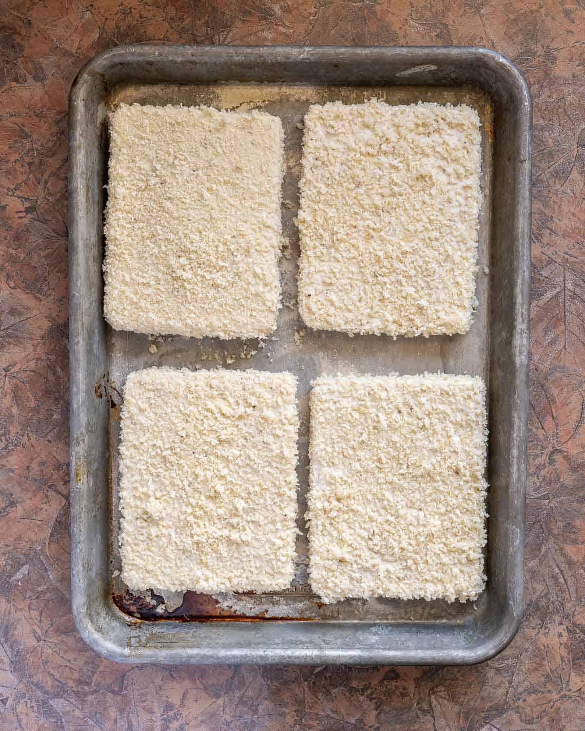 Tofu cutlets, breaded and ready to fry