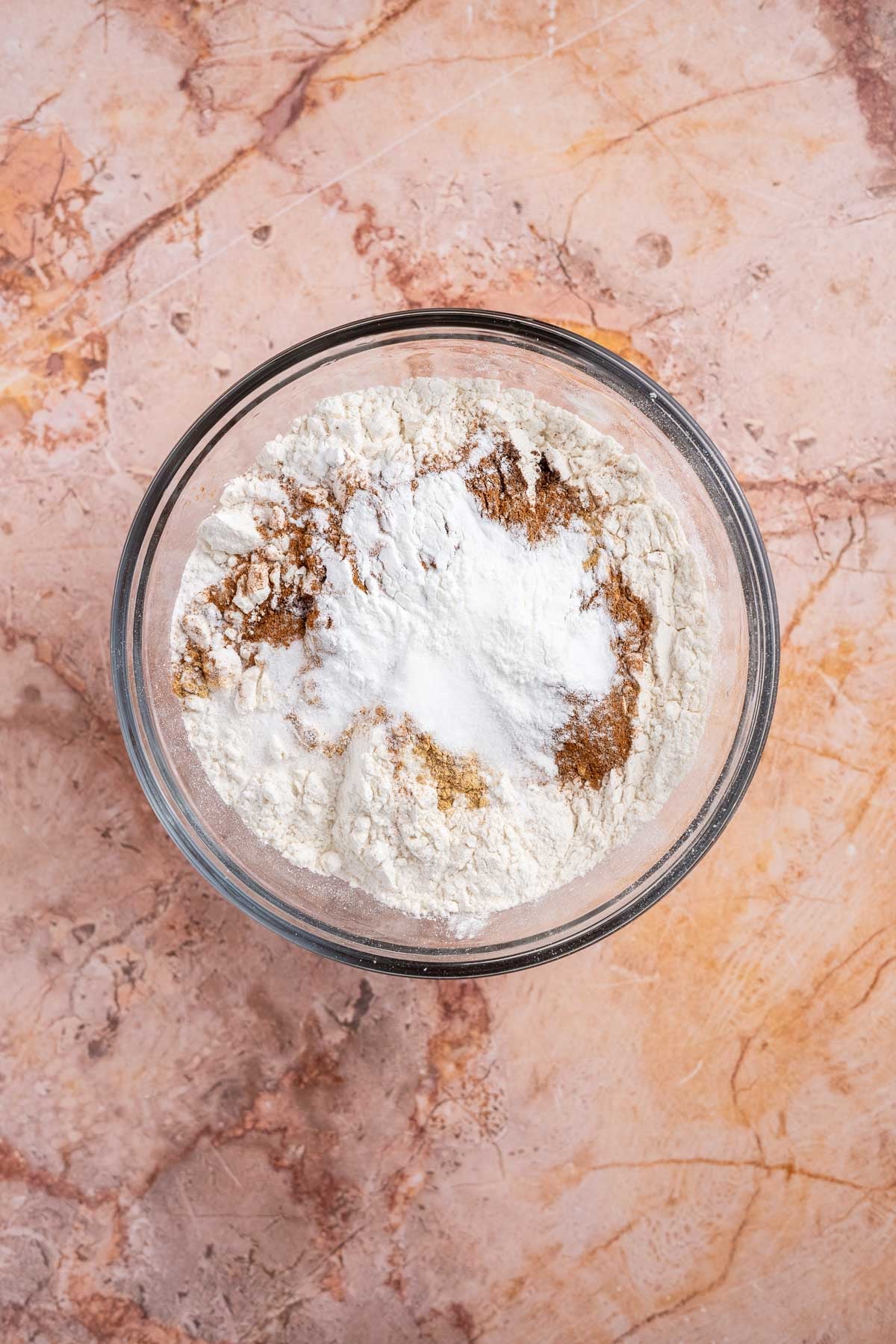 overhead shot of dry ingredients, not mixed yet