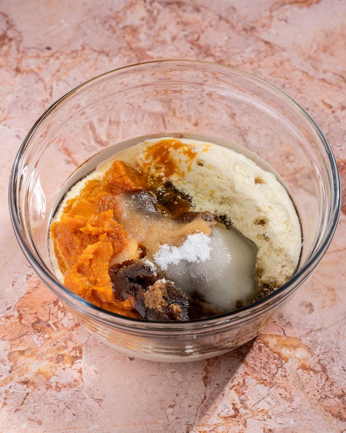 wet ingredients in mixing bowl, not yet combined