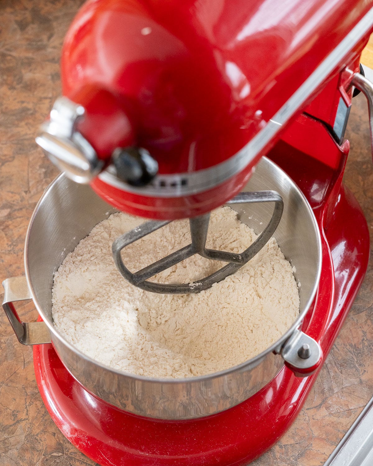 Dry ingredients in stand mixer bowl