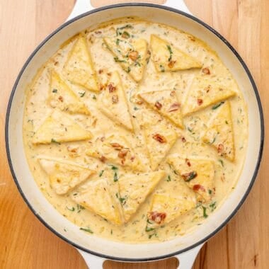 pan of marry me tofu ready to serve