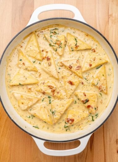 pan of marry me tofu ready to serve