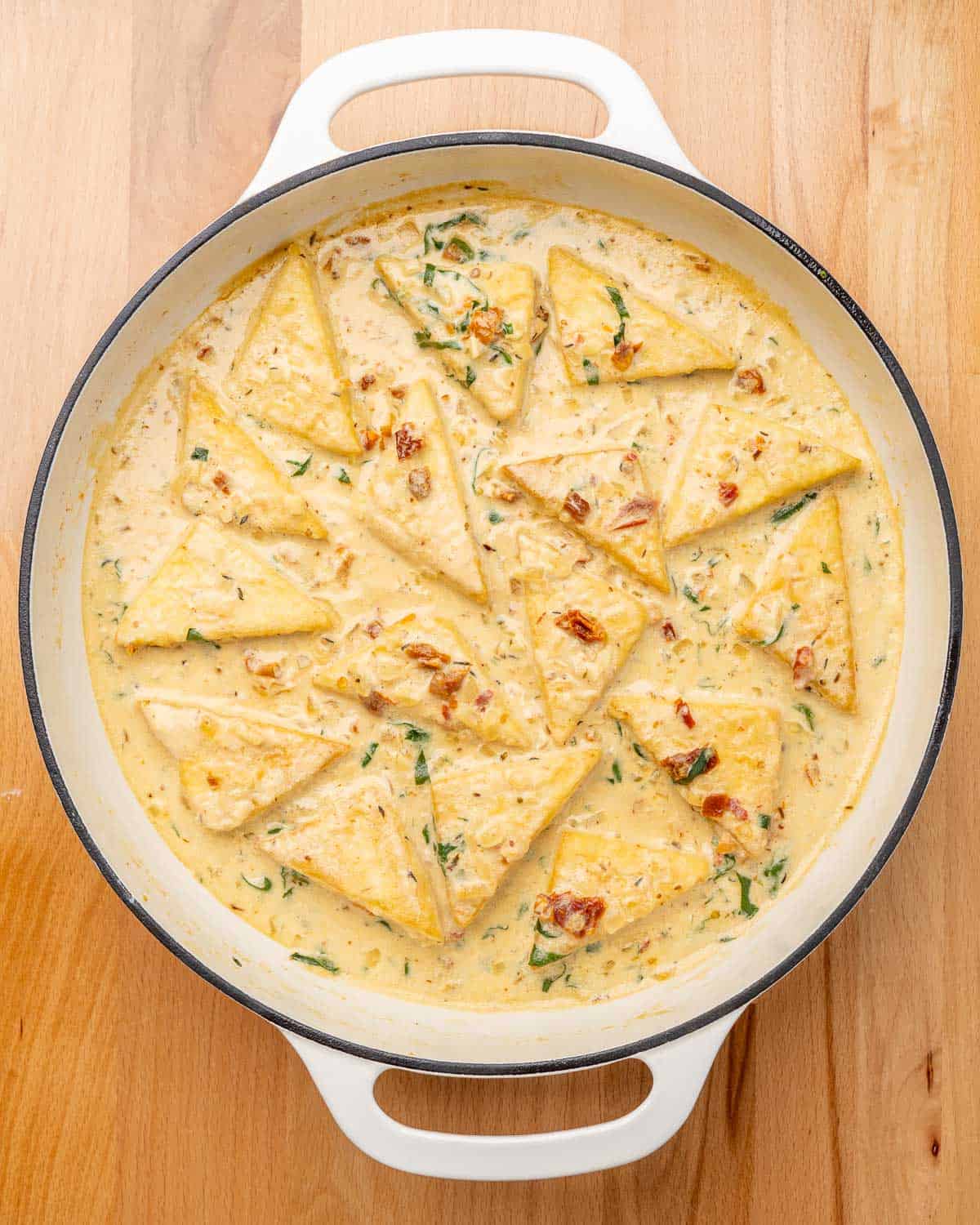 pan of marry me tofu ready to serve