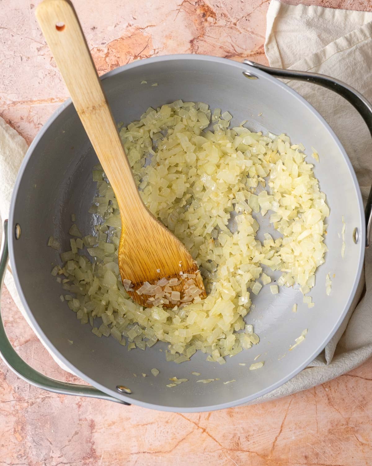 Chili mac step 1: Sauté onions and garlic