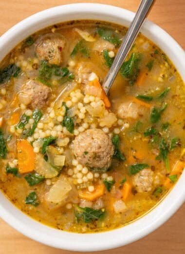 overhead shot of Italian wedding soup in a bowl ready to enjoy
