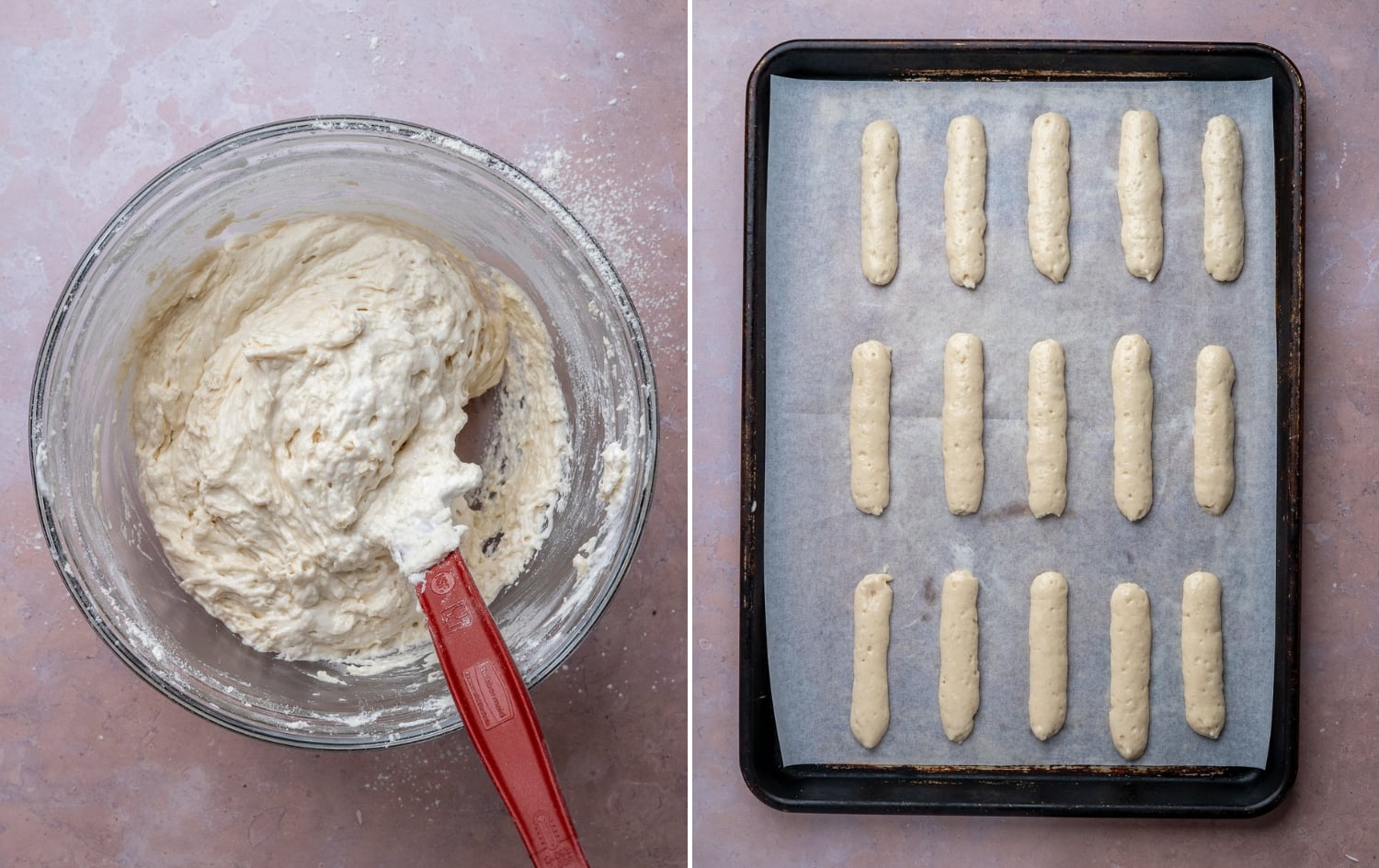 Piping out ladyfinger batter.