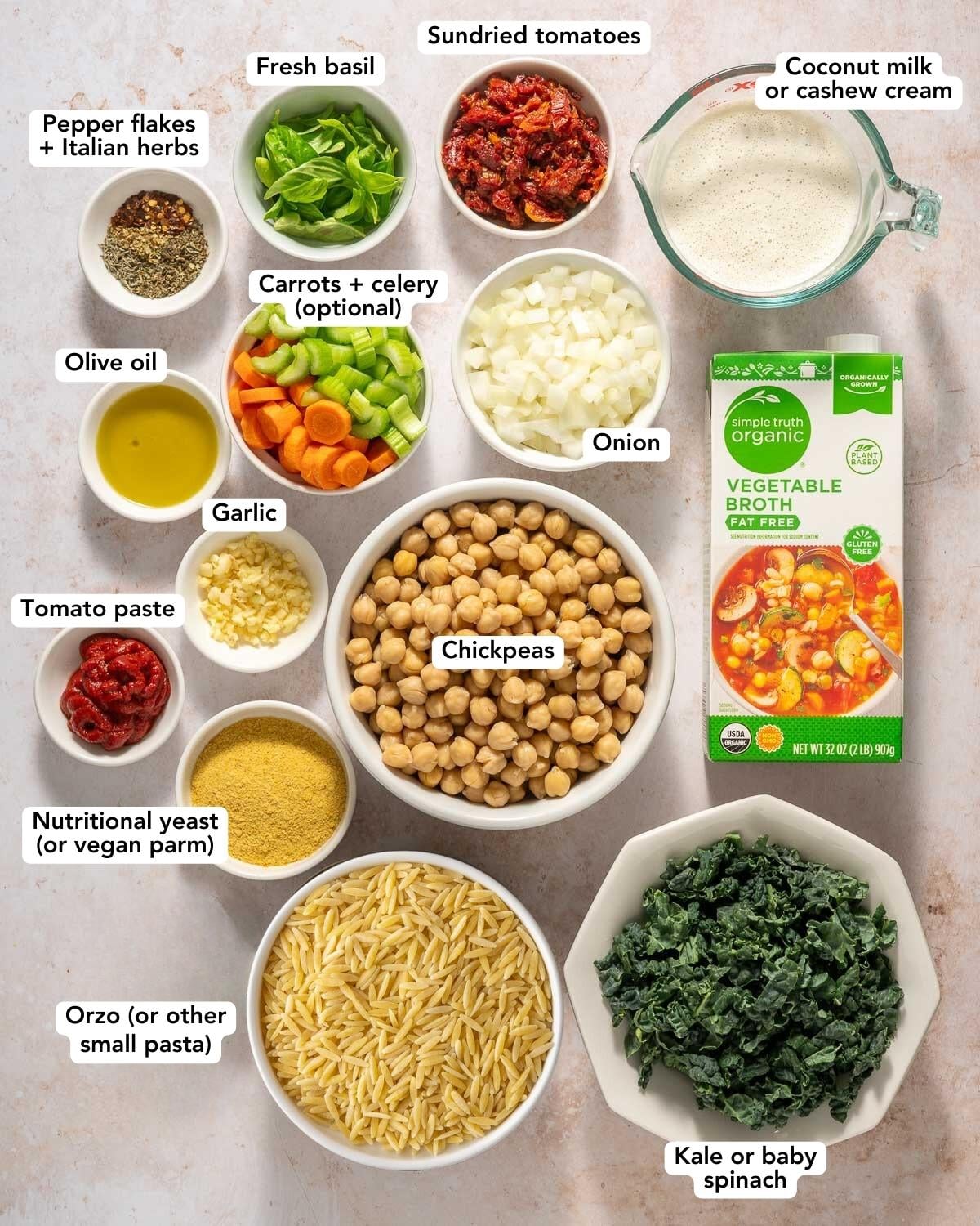 flatlay of ingredients for marry me chickpea soup