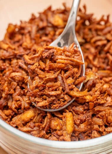 closeup of tofu bacon bits