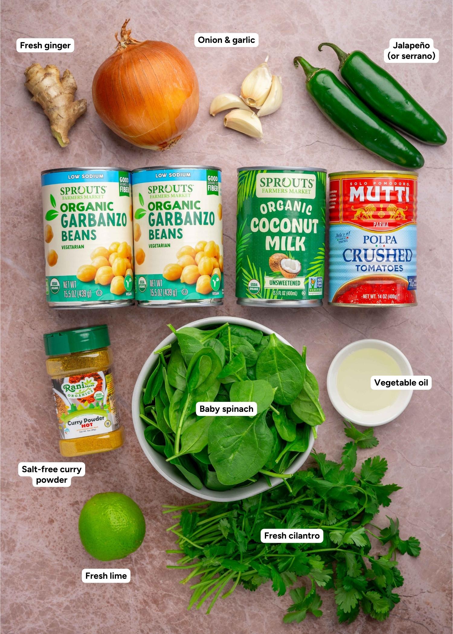 Ingredients for easy weeknight chickpea coconut curry