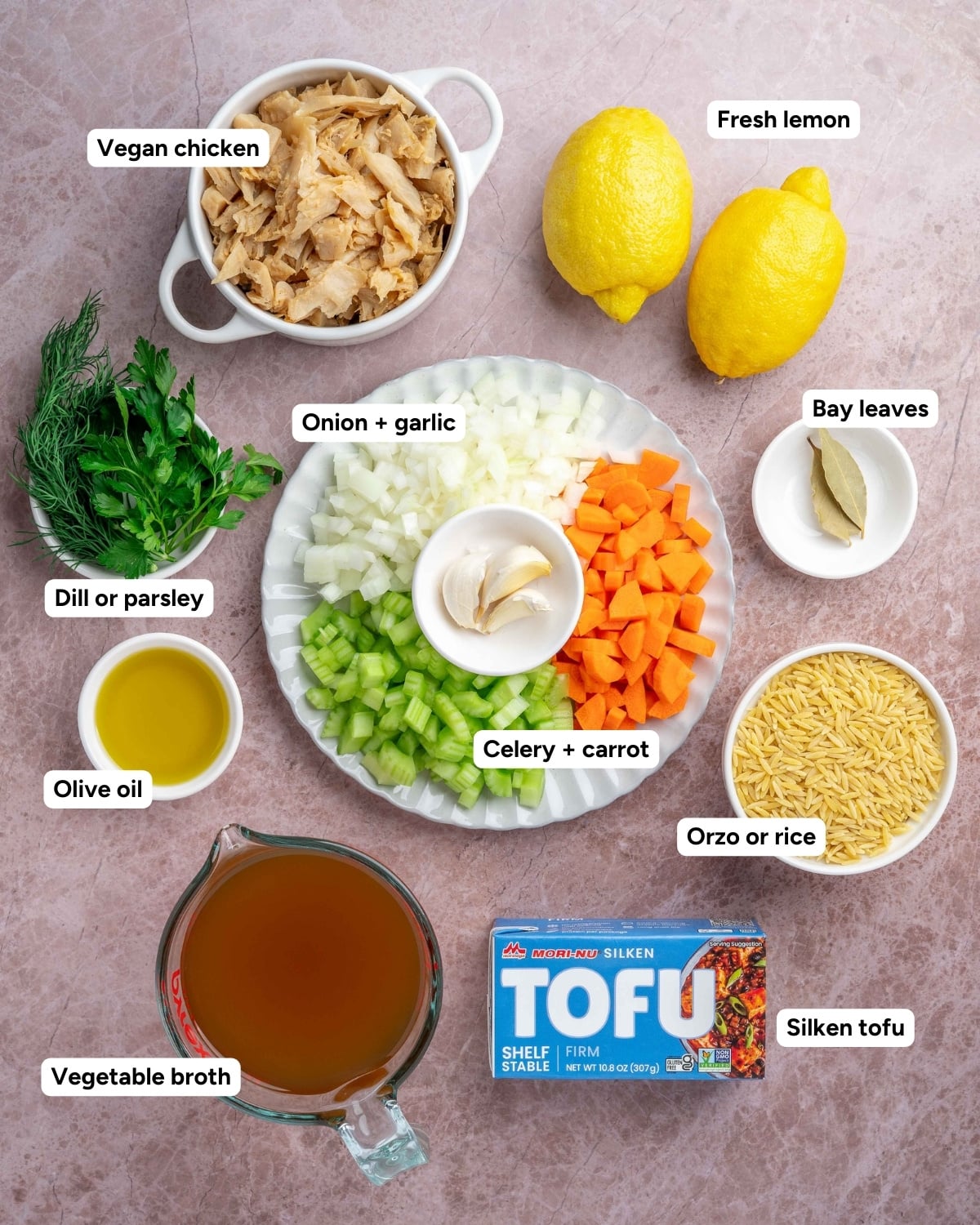 Ingredients for vegan lemon chicken soup