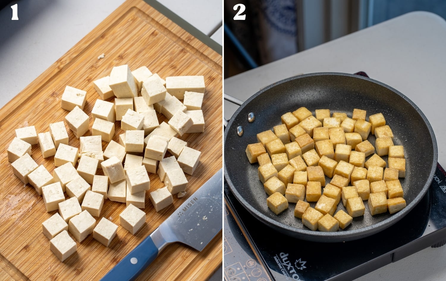 browning tofu for vegan palak paneer