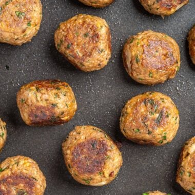 overhead shot of vegan greek meatballs in a pan
