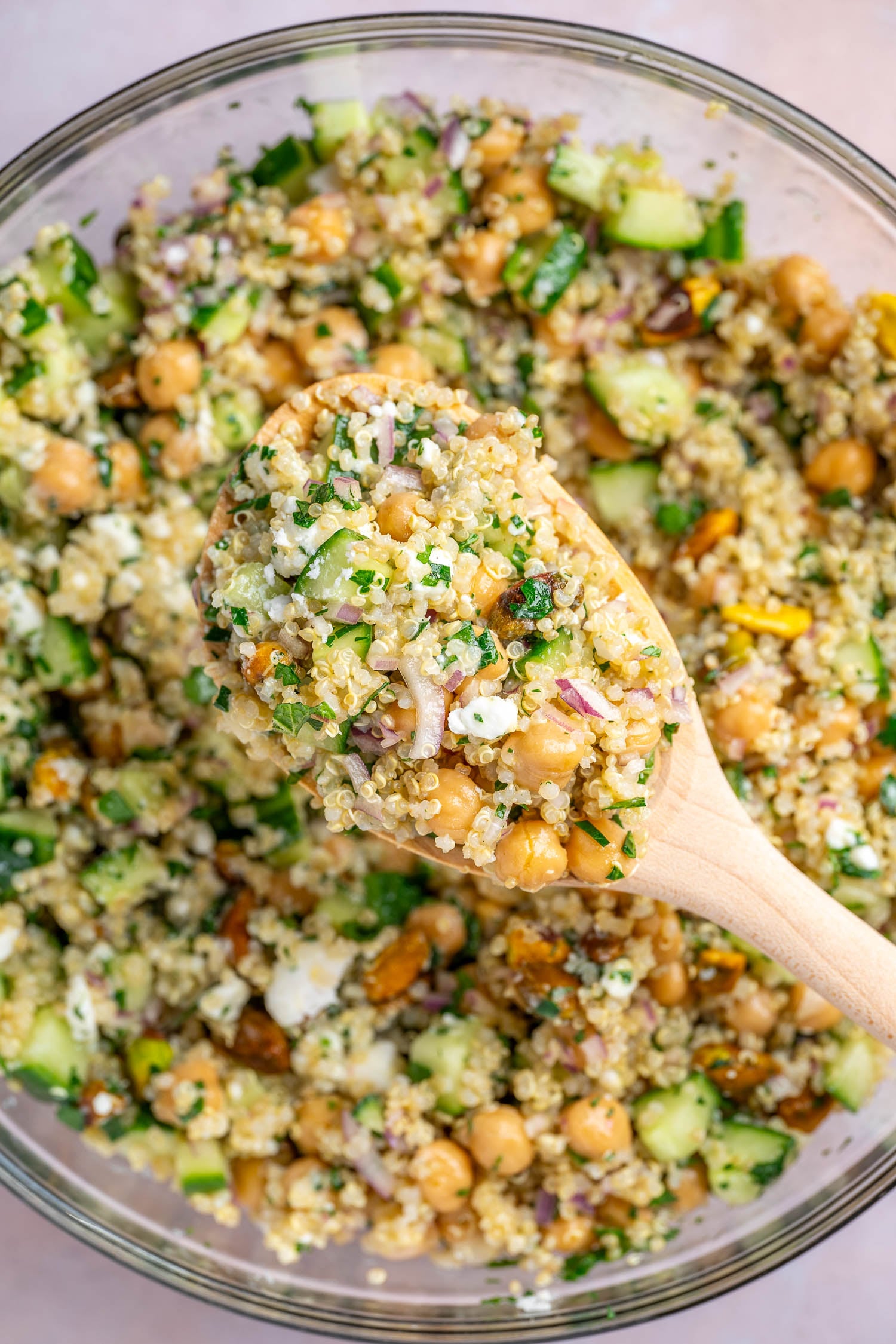Closeup of spoonful of salad to show texture
