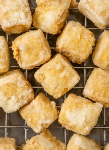 crispy fried tofu on a wire rack