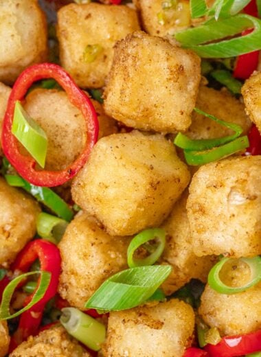 closeup of salt and pepper tofu