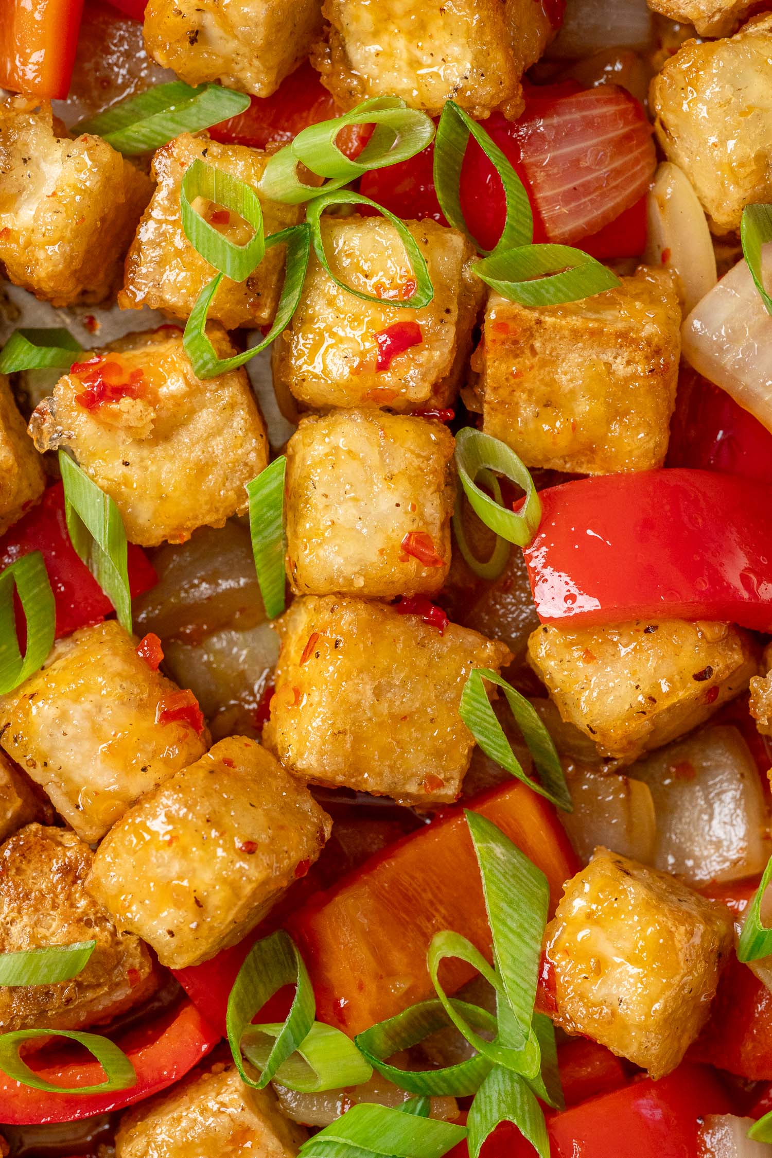 sweet chili tofu in a pan