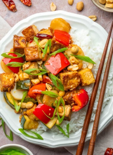 kung pao tofu on a plate with rice