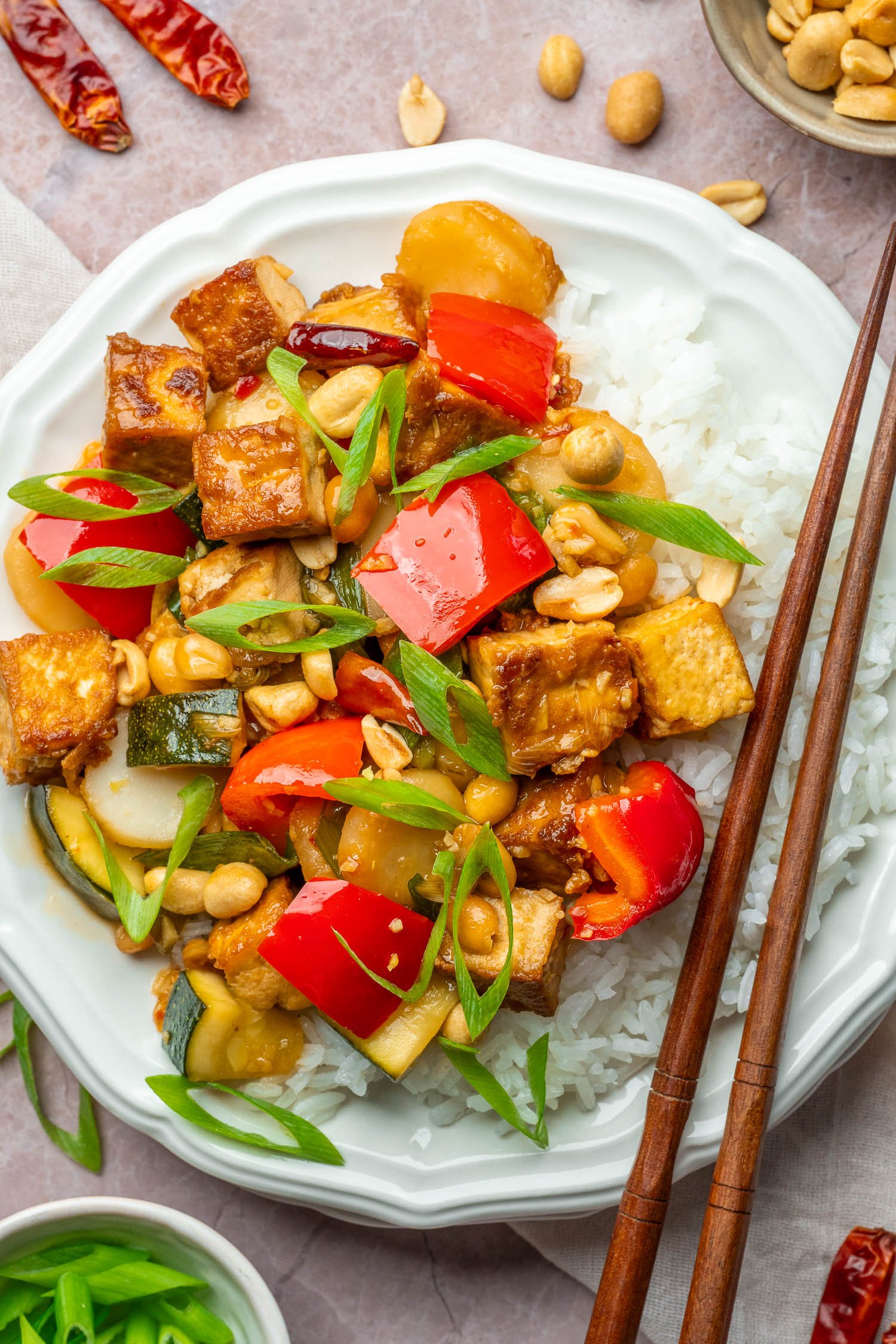 kung pao tofu on a plate with rice