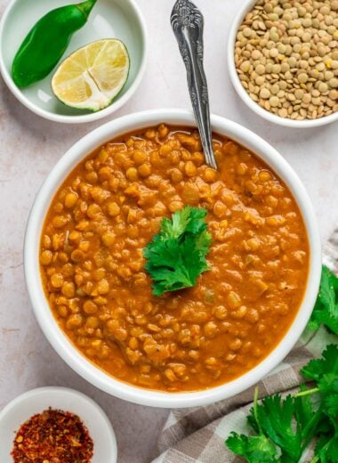 bowl of lentil curry with cilantro
