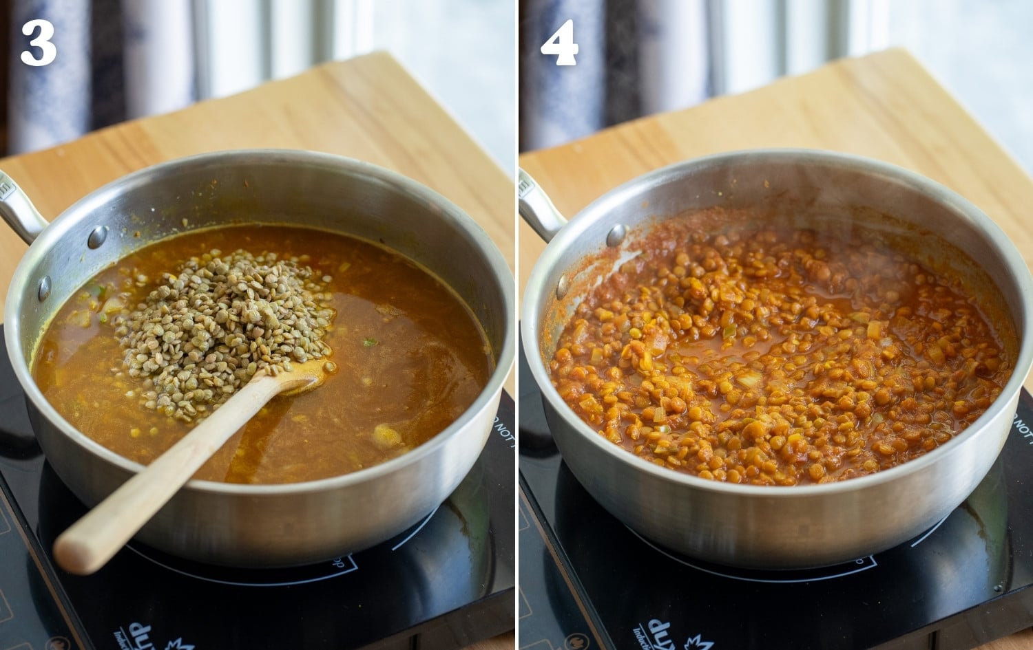 adding lentils and broth to lentil curry