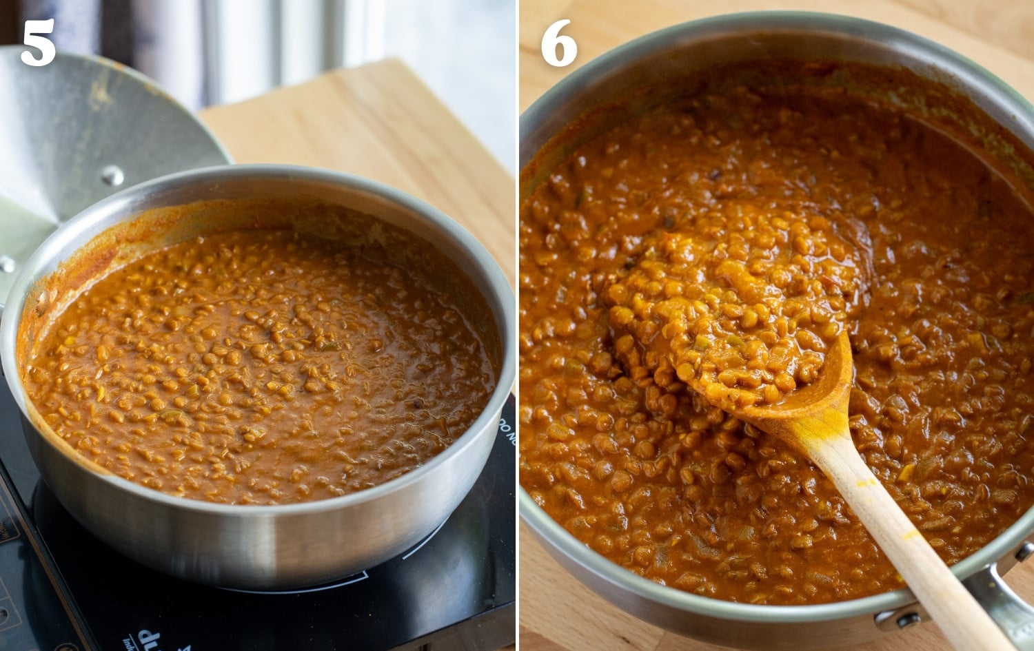 adding coconut milk to lentil curry