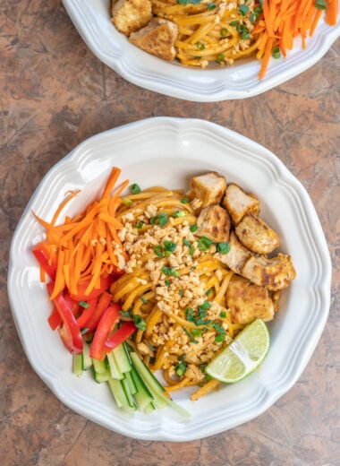 overhead shot of garlic peanut noodles