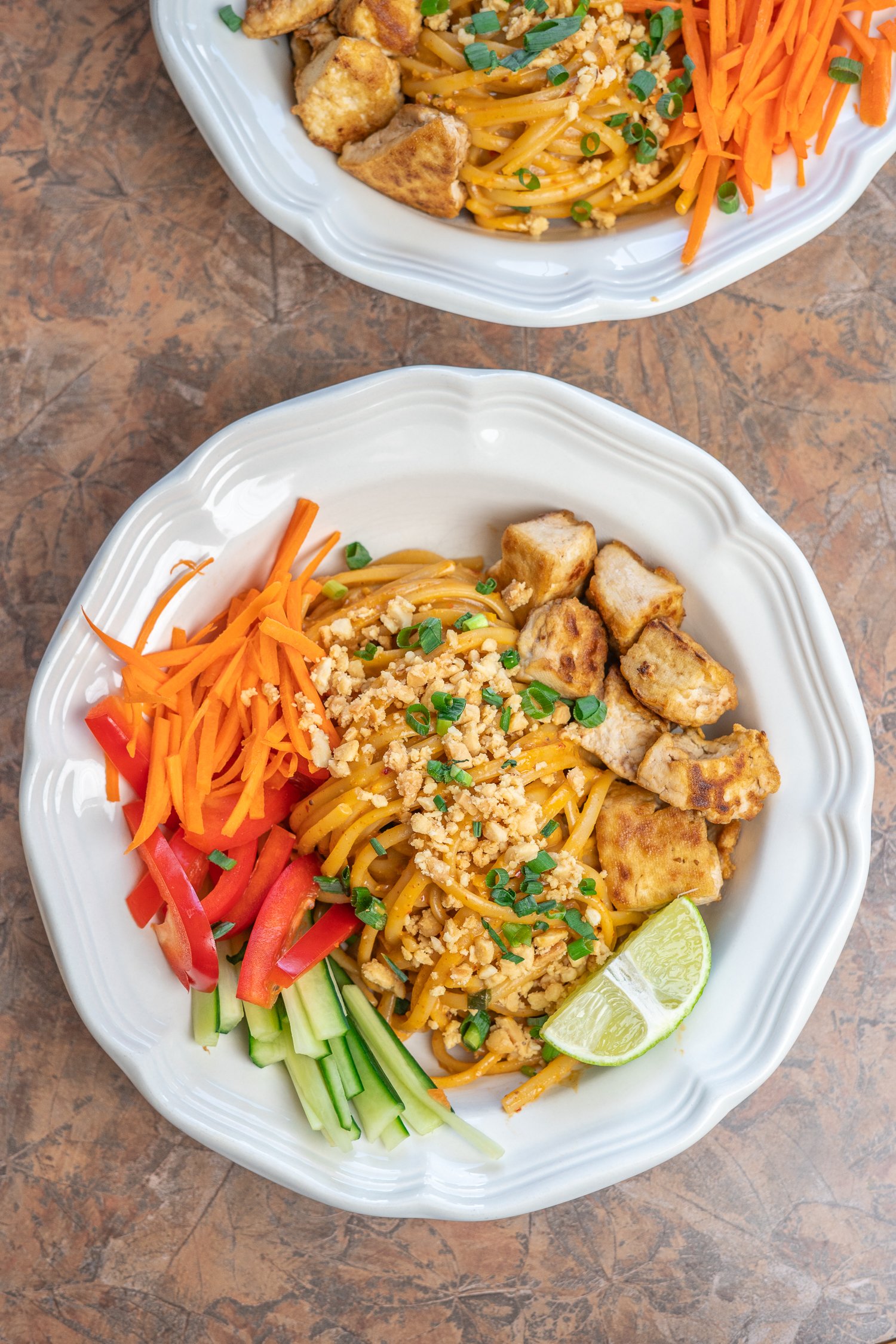 overhead shot of garlic peanut noodles