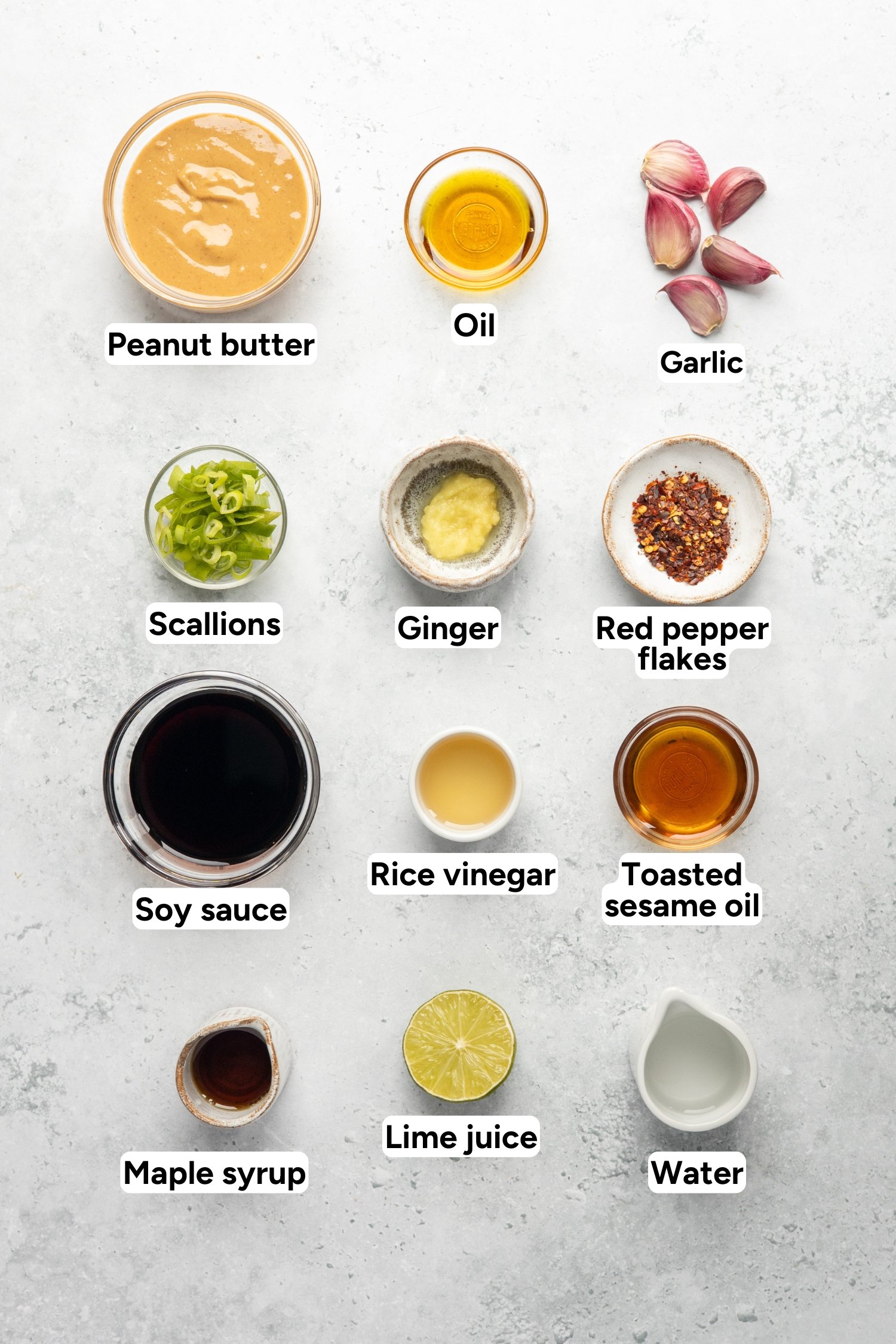 overhead shot of ingredients for garlic peanut noodles