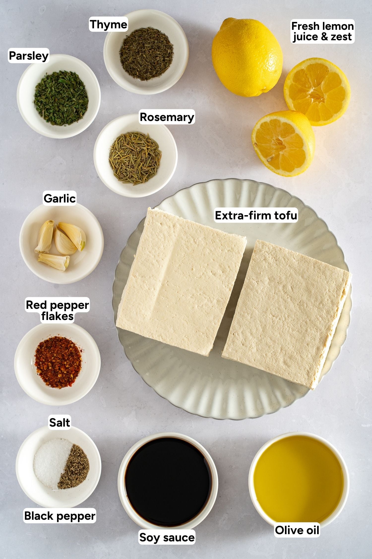 ingredients for lemon herb grilled tofu