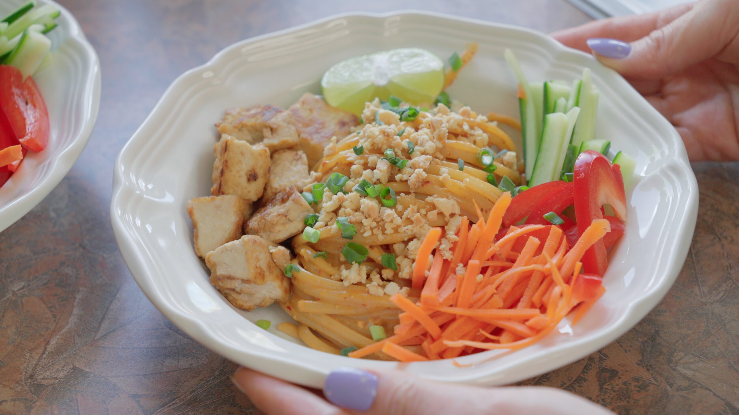 finished bowl of garlic peanut noodles