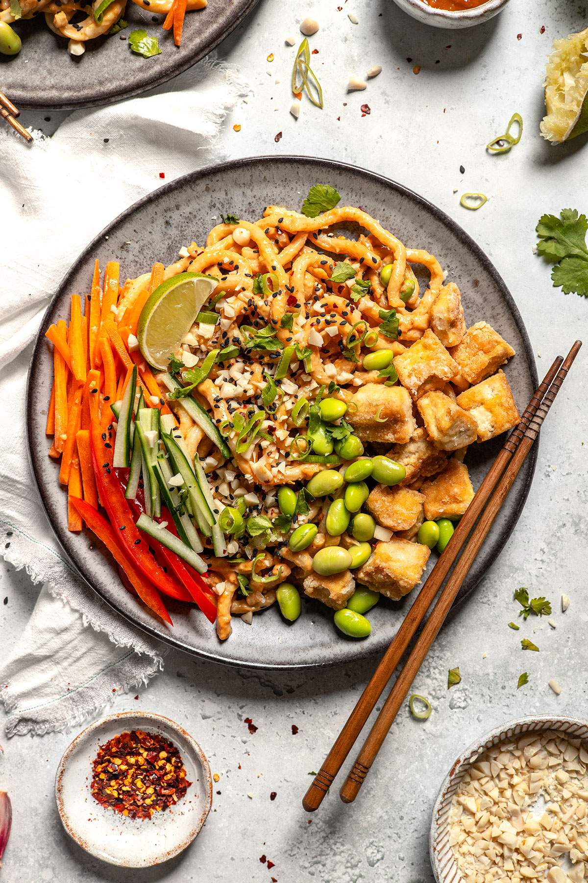 overhead shot of vegan peanut noodles topped with tofu, edamame, carrot, cucumber, scallion, and a lime wedge