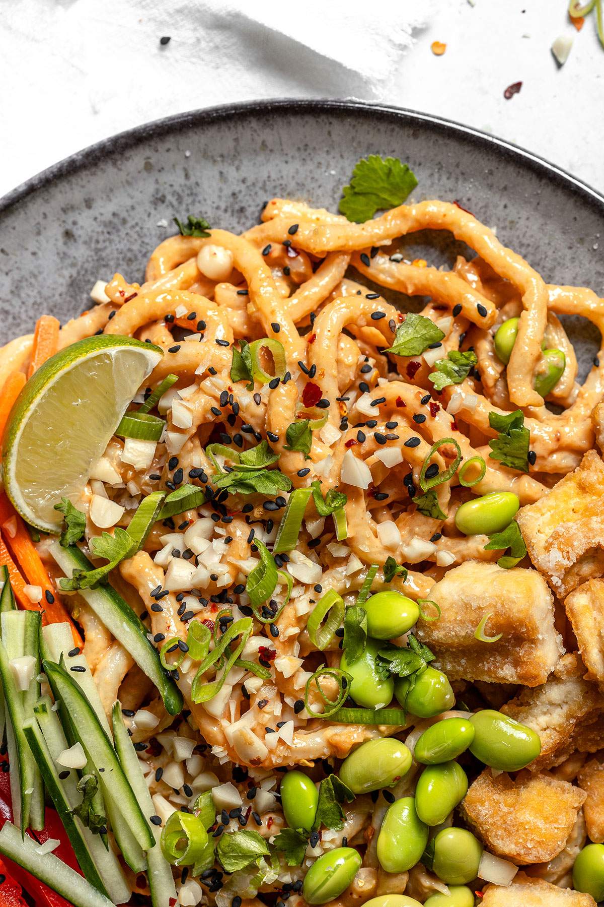 close up of vegan peanut noodles