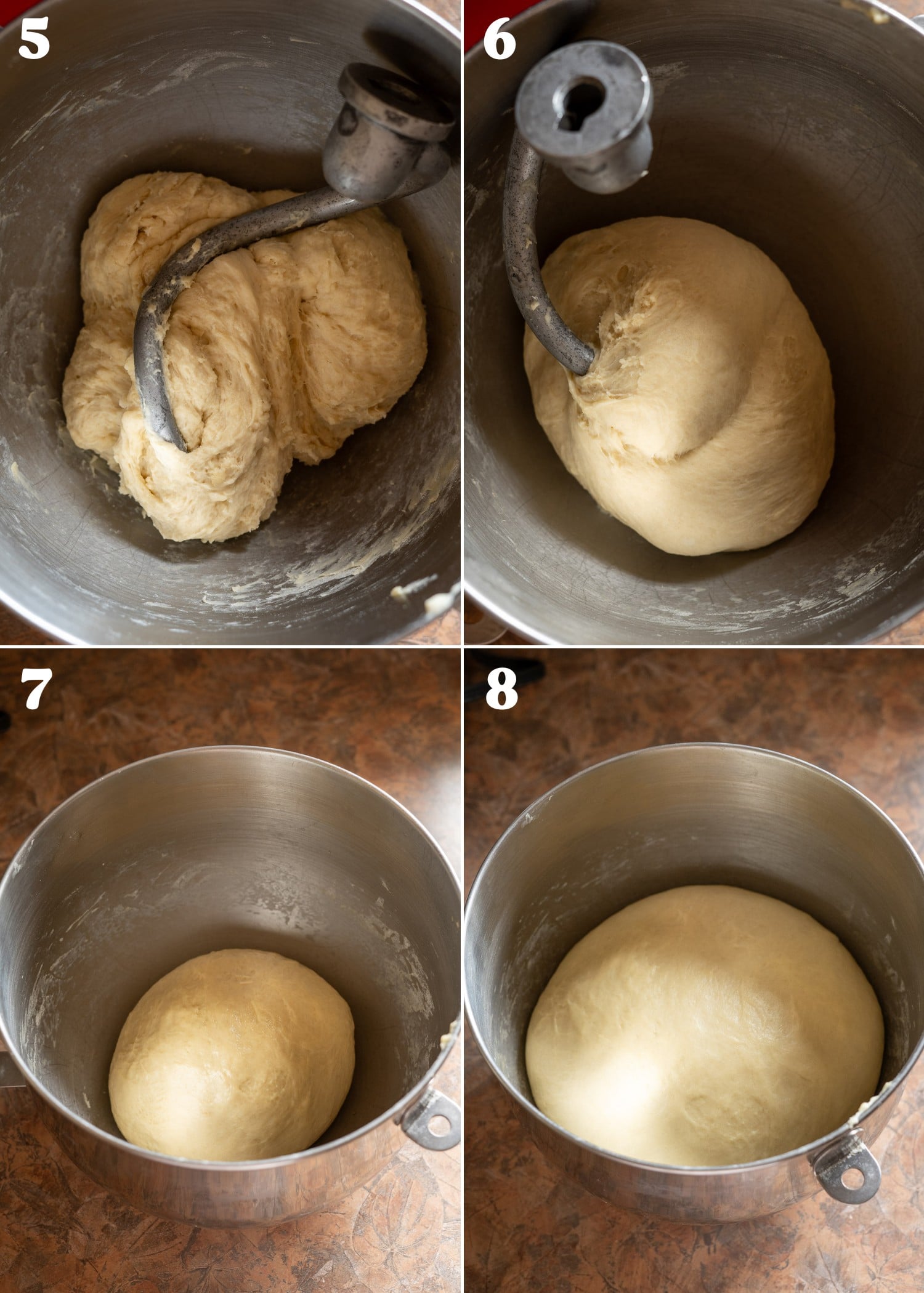steps 5-8 of making vegan challah. kneading the dough in a stand mixer until a ball is formed.