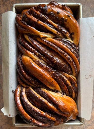overhead shot of vegan chocolate babka in a baking pan