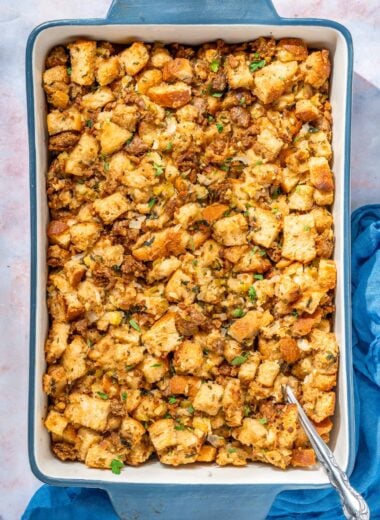 baking dish of vegan sausage stuffing
