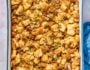 baking dish of vegan sausage stuffing