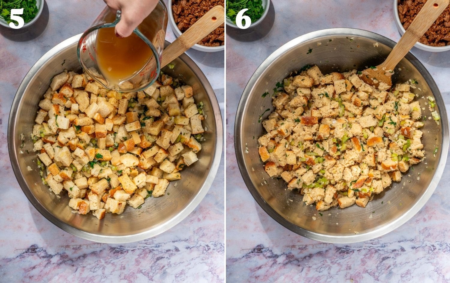 tossing the bread with broth for stuffing