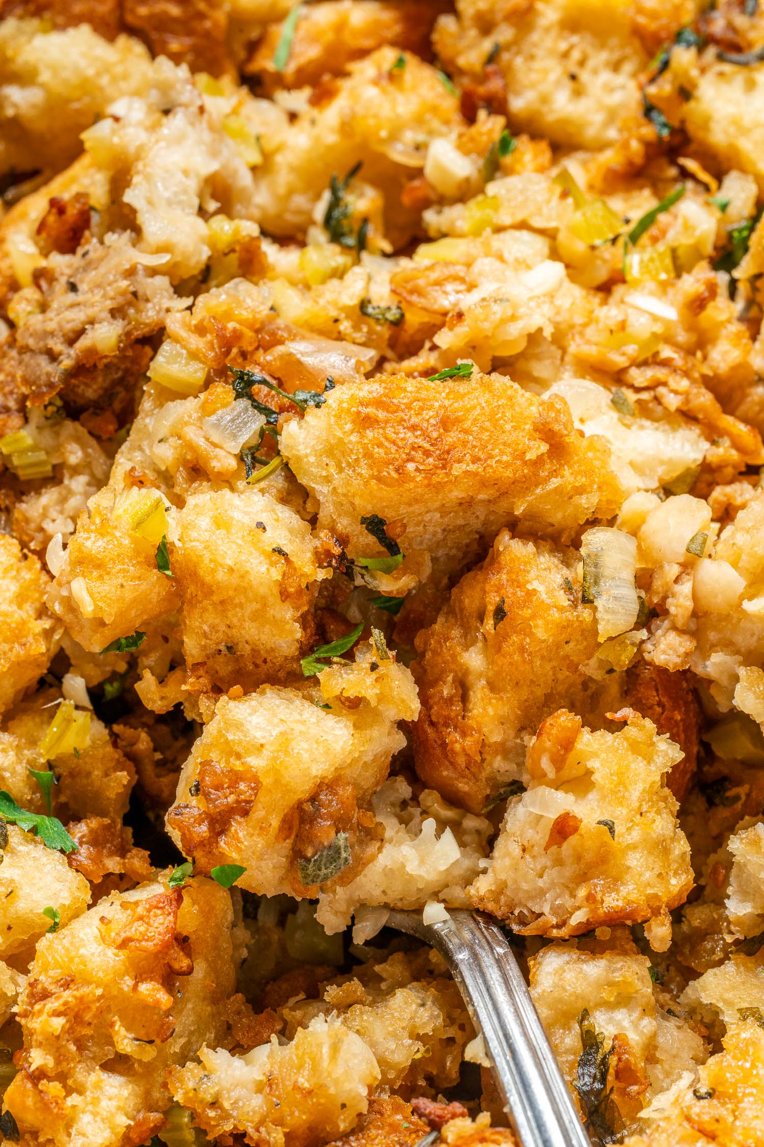 closeup of stuffing to show texture of bread