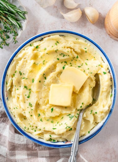 vegan mashed potatoes with melted butter and parsley