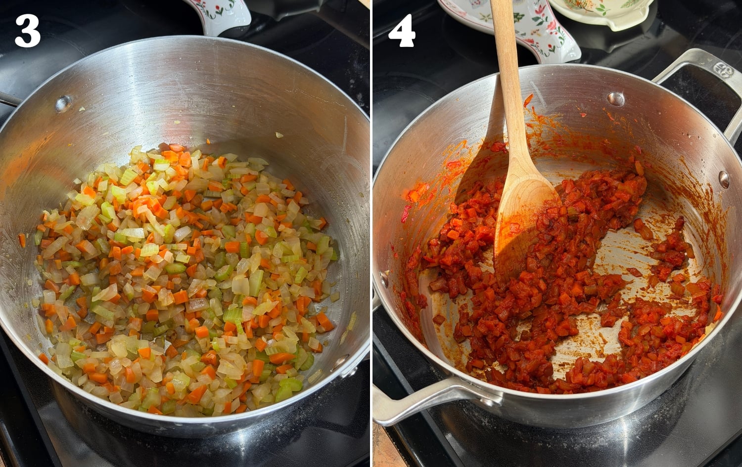 sauté mirepoix, add tomato paste and caramelize