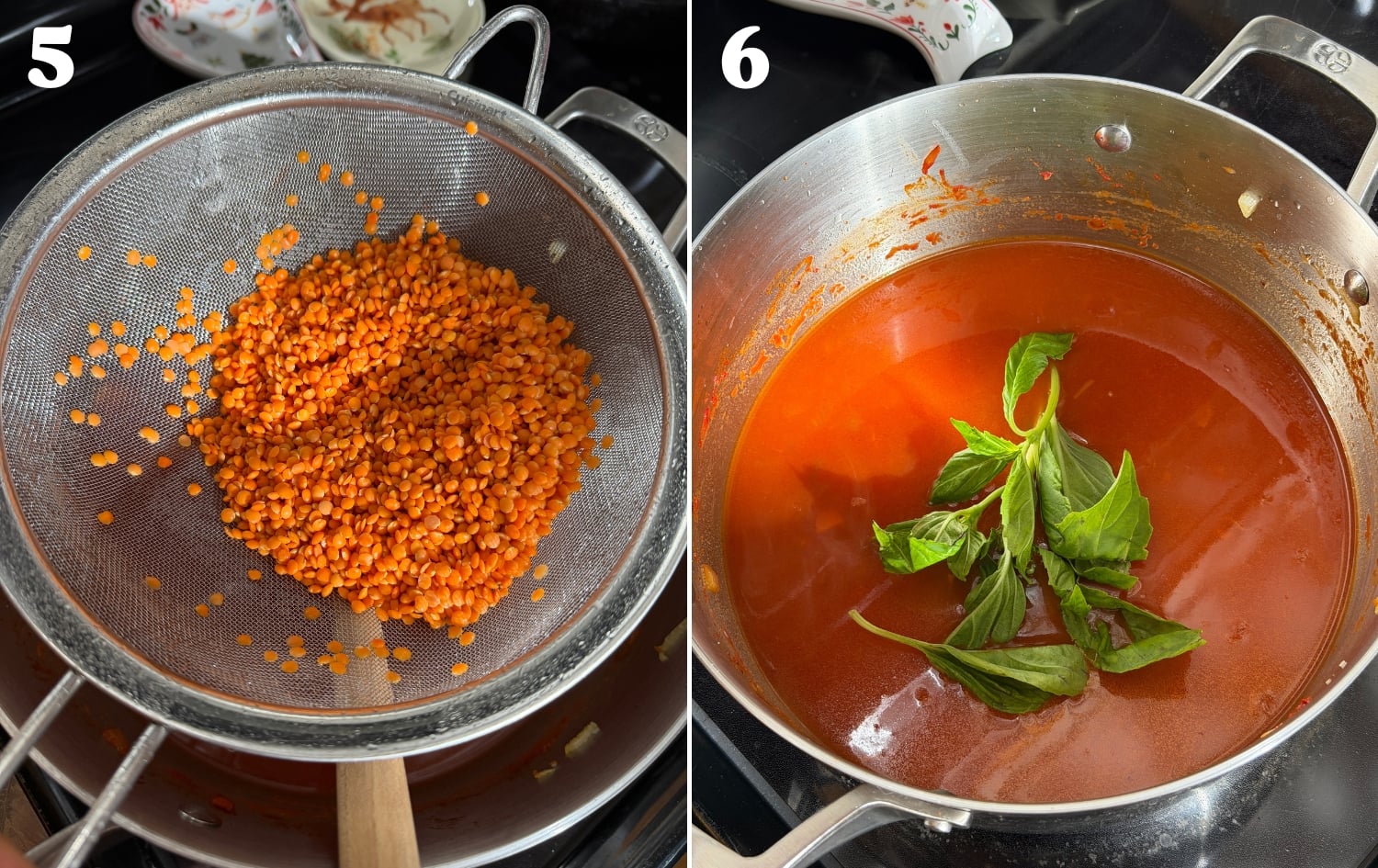 rinse lentils and add to pot with broth and basil