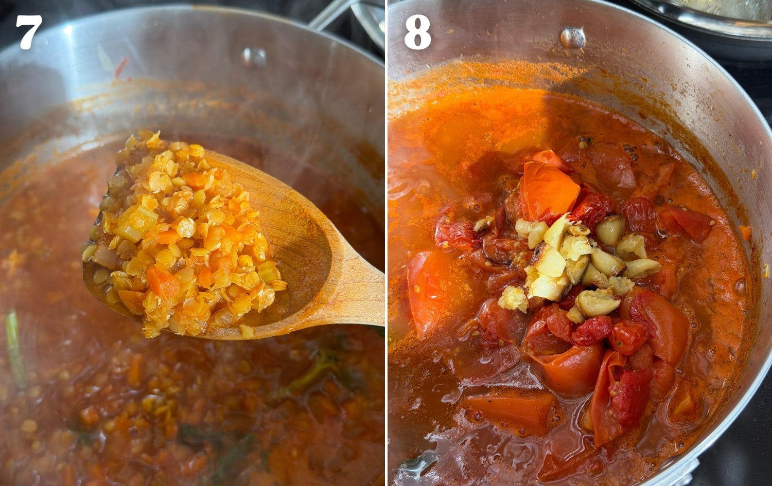 cook lentils till split, then add roasted tomatoes and garlic