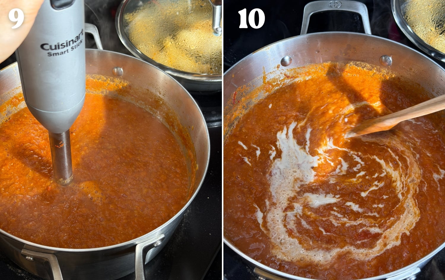 blend soup to preferred texture and stir in optional cream